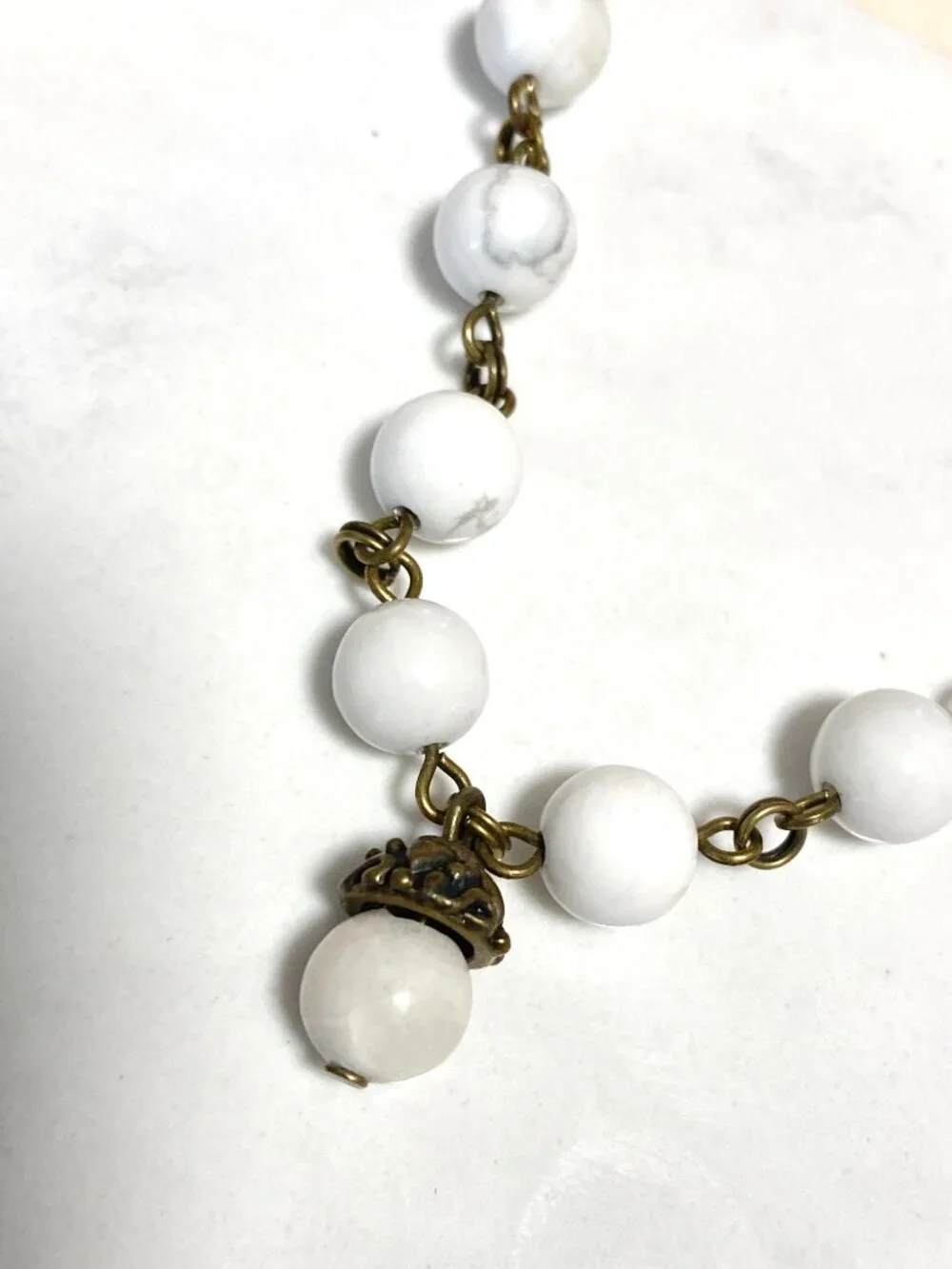 Genuine White Magnesite Short Necklace, Natural Gemstone & Bronze Acorn Pendant - Picture 4 of 13